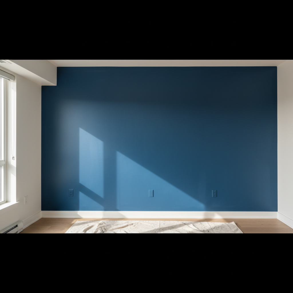 A close, horizontal panorama of a freshly painted feature wall in a Calgary condo, finished in a deep slate blue with a velvety matte texture, set against adjacent walls in a clean warm white. The subtle texture of the roller application is visible on the blue surface under raking side light from a nearby window, creating gentle, linear highlights and shadows that show a consistent, professional finish. The baseboard and ceiling lines are perfectly straight and sharply defined, with no paint bleed. The floor below is protected by a neatly folded canvas drop cloth. Captured at eye level with a slightly wide composition in crisp photographic realism, the mood is modern, calm, and sophisticated, ideal for illustrating accent wall projects and interior color upgrades.