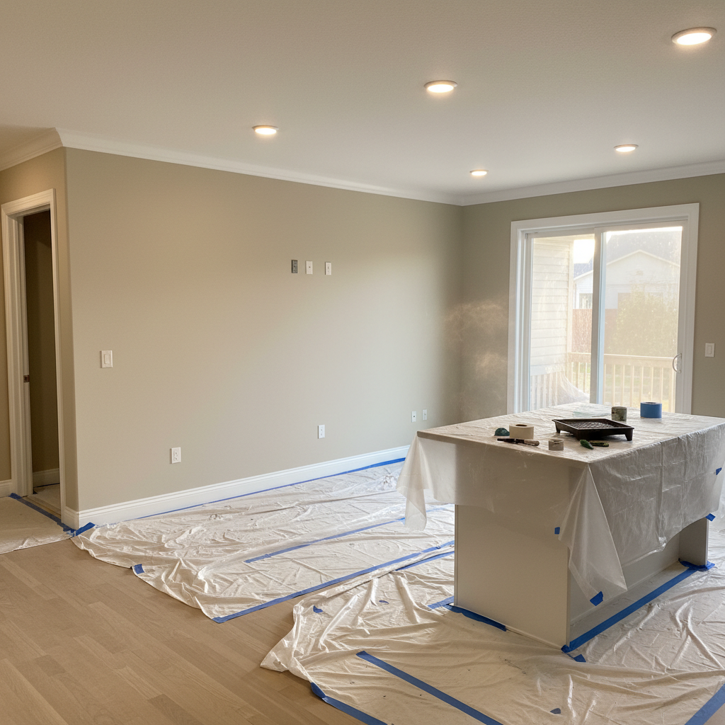 A spotless, newly painted open-concept kitchen and dining area in a Calgary home, featuring smooth drywall ceilings with recessed light fixtures and walls coated in a warm, neutral eggshell finish. The paint is even and consistent, with perfectly cut-in edges along white trim, crown molding, and around outlets. The countertops and floors are carefully protected with clean drop cloths and taped plastic, showing a work-in-progress site that is tidy and respectful of the home. Late afternoon natural light streams in through a patio door, mixing with soft recessed lighting to create a welcoming, professional mood. Photographed from a corner at a wide angle, with sharp focus and a bright, modern, photographic realism suited to a premium but accessible painting service.