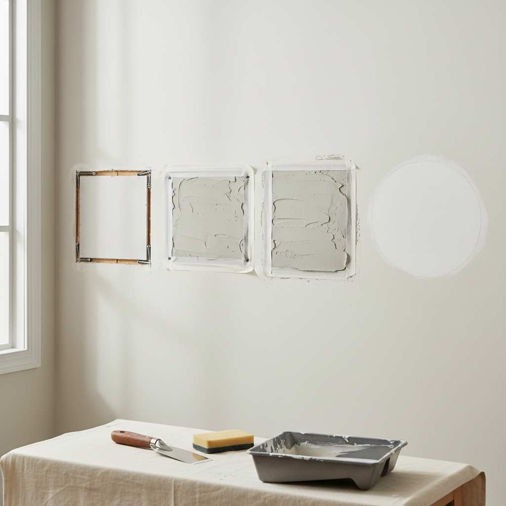A detailed view of a small drywall repair on a previously damaged interior wall, showing a perfectly patched area where an old hole once was. The image includes the stages side by side: a cut-out patch, neatly screwed-in backing, taped seams, layered joint compound, and the final smooth, primed surface blending seamlessly into the existing wall. Nearby, neatly arranged tools like a stainless steel taping knife, sanding sponge, and a mud pan rest on a clean drop cloth. Soft, indirect daylight from a nearby window creates gentle highlights on the tools and subtle shadows on the wall texture. Captured at an eye-level, medium close-up in realistic photographic style, the mood is reassuring, methodical, and focused on reliable, cost-effective repairs for homeowners.
