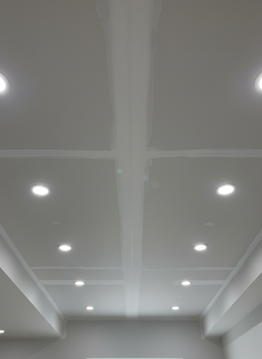 A detailed ceiling shot in a renovated Calgary basement, featuring perfectly aligned drywall sheets, smooth taped joints, and evenly spaced recessed LED pot lights set into a flawlessly painted flat white surface. The camera looks upward from a low angle, emphasizing the clean geometry of the light layout and straight seams. Subtle, cool-toned illumination from the fixtures spreads evenly across the ceiling, revealing a complete absence of ridges, nail pops, or imperfections. The upper portions of newly painted light gray walls frame the edges of the image, slightly out of focus to keep attention on the ceiling craftsmanship. The photographic style is clean and clinical yet inviting, conveying reliability and high-quality finishing for basement developments and renovations.