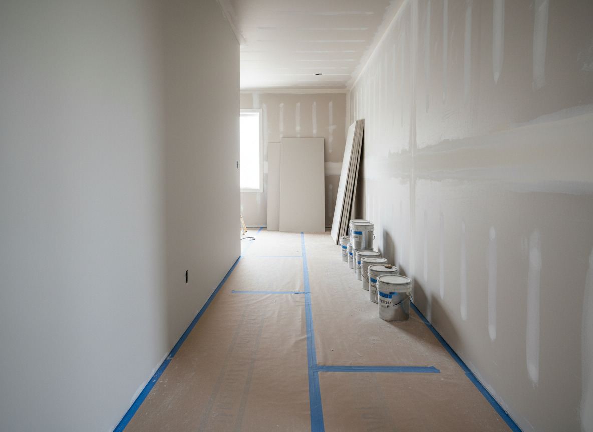 A bright, partially renovated hallway in a modern Calgary home, with one side of the drywall fully finished and painted in a cool light gray, and the other side showing neatly taped joints and carefully applied joint compound in progressive stages. The floor is covered with clean, taped-down protective paper, and tidy rows of labeled paint cans and stacked drywall sheets sit along the far wall. Soft, diffused daylight from an unseen window gives even illumination, highlighting the contrast between unfinished and finished surfaces. Captured from a slightly elevated angle down the length of the hall with strong leading lines, photographic realism, and a clean, organized mood that emphasizes professional process and transparent workmanship.