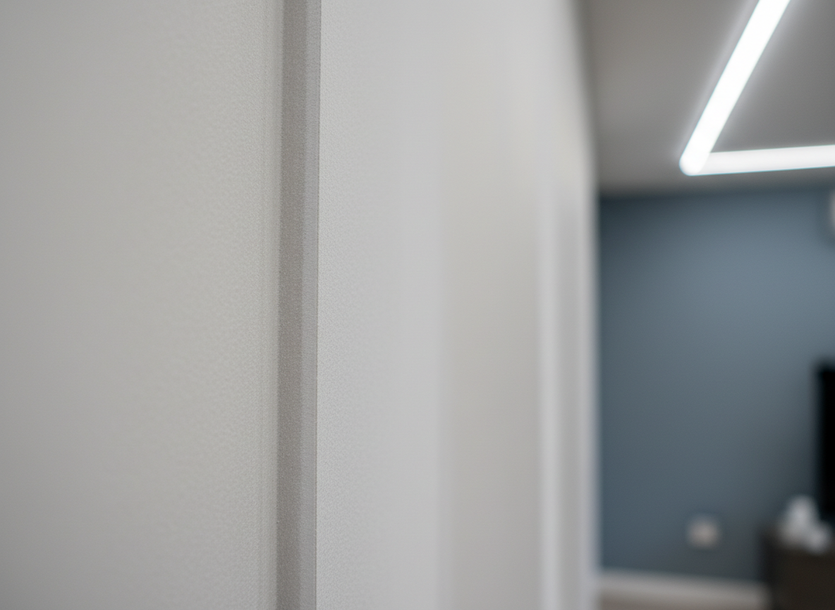 A close-up, highly detailed view of a drywall corner bead and perfectly sanded joint in a residential room, showing the smooth transition between surfaces and the subtle feathering of joint compound. The wall is primed in a neutral white, with a freshly painted accent wall in a muted blue-gray just out of focus to the side. Gentle overhead LED lighting casts soft, even light that reveals the flawless finish with no visible seams or imperfections. Shot with a macro-style, shallow depth of field so the corner and texture are in razor-sharp focus while the background softly blurs. The photographic image feels precise, technical, and professional, ideal for illustrating quality drywall finishing craftsmanship.