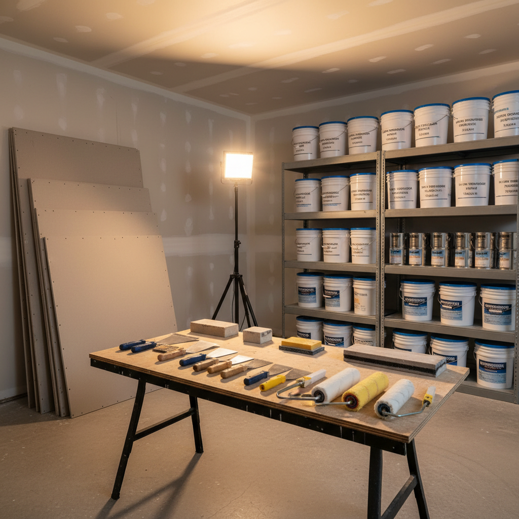 An organized garage workspace in a Calgary home set up for a drywall and painting project, with neatly stacked drywall sheets leaning against a wall, a portable work light illuminating a partially finished ceiling, and tidy rows of labeled joint compound buckets and paint cans on sturdy shelving. A clean, foldable workbench holds aligned taping knives, sanding blocks, and paint rollers with fresh roller covers. The concrete floor is swept and uncluttered, reflecting the warm, focused light from the work lamp. Photographed from a slightly low angle with moderate depth of field so the foreground tools are crisp and the background materials gently blur. The photographic image feels dependable, efficient, and professional, showcasing readiness and attention to detail without any people present.
